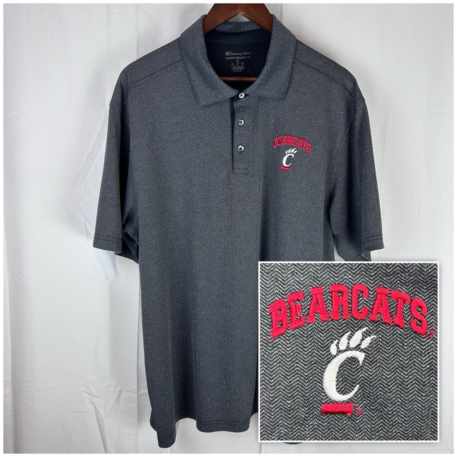 Cincinnati Bearcats Polo Shirt Mens Xl Gray Short Sleeve Champion Herringbone